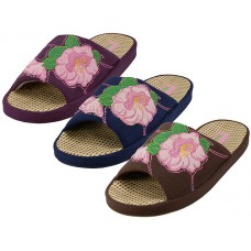 W5180-A - Wholesale Women's Cloth Flower Embroidery Upper Open Toe  House Slippers ( *Asst. Navy, Brown And Purple )